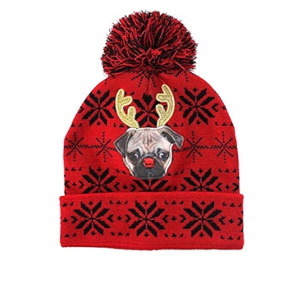 NEW Ugly Stuff Holiday Pug Reindeer Beanie Winter Knit Hat Red/Black Snowflake‎